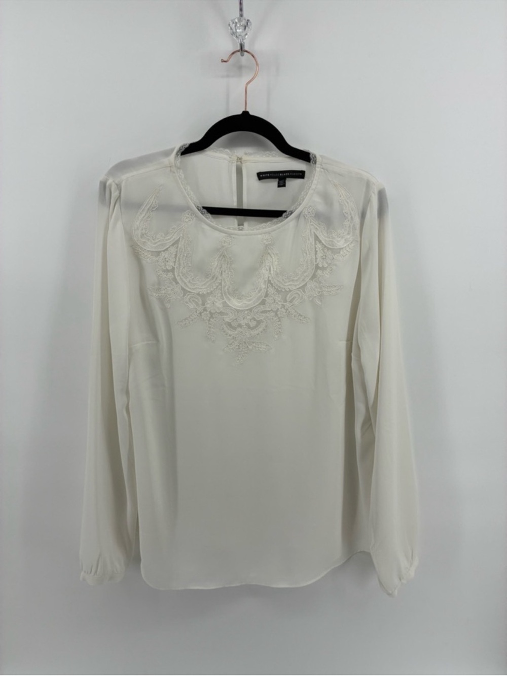 White House Black Market Cream Embroidered Long-Sleeve Blouse